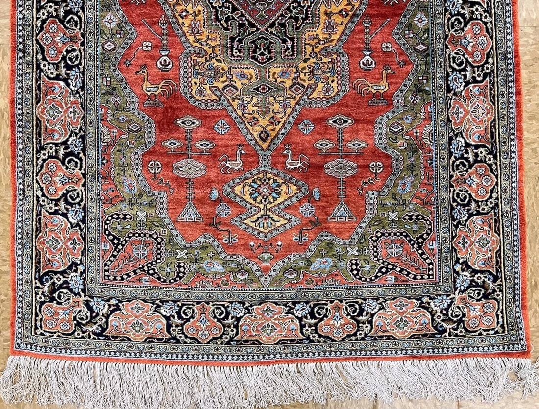 Hand-Knotted Persian Qum 100% Silk Birds Rust Geometric Semi-Antique Oriental Area Rug 3'4" x 5'1" - 2