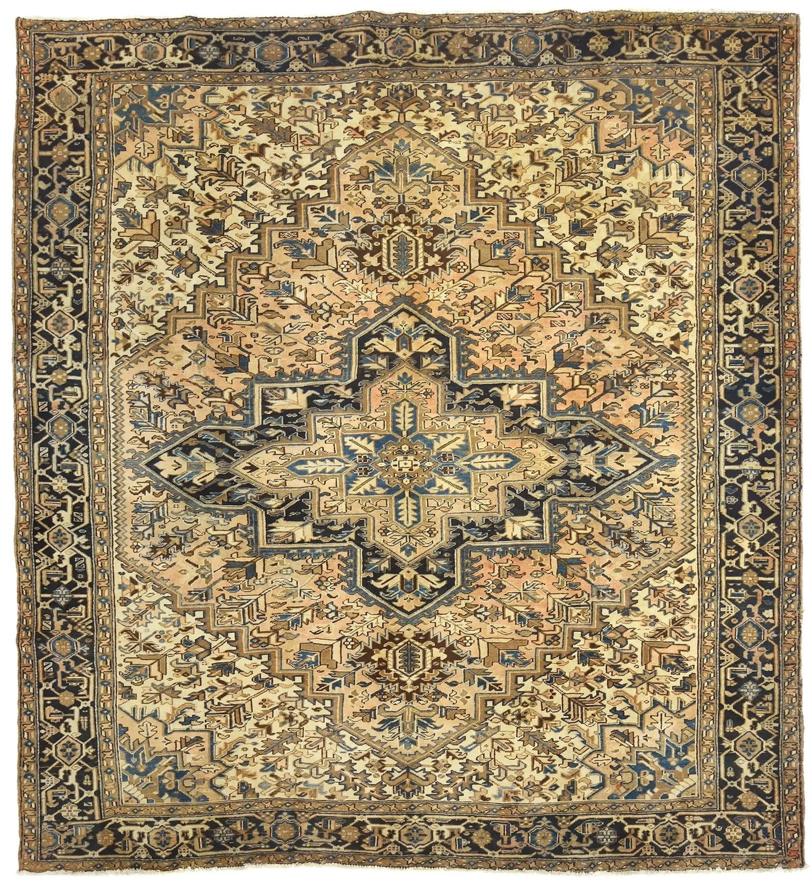 Semi Antique Light Salmon Floral 9'6X10'1 Heriz Persian Rug: Title: Semi Antique Light Salmon Floral 9'6X10'1 Heriz Persian Rug Description:Handmade vintage 9'6X10'1 light salmon Persian rug made with vegetable dyes (fine wool pile and cotton foundation), super
