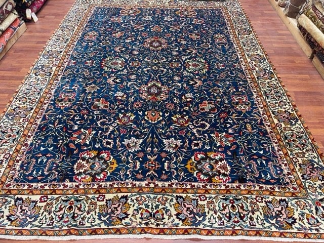 Antique Persian Tabriz DesignRug-5003: Title:Antique Persian Tabriz DesignRug-5003Description:Beautiful antique Tabriz design rug, size 7 ft. 10 inches by 11 ft, circa 1940, excellent condition with all floral design on midnight blue