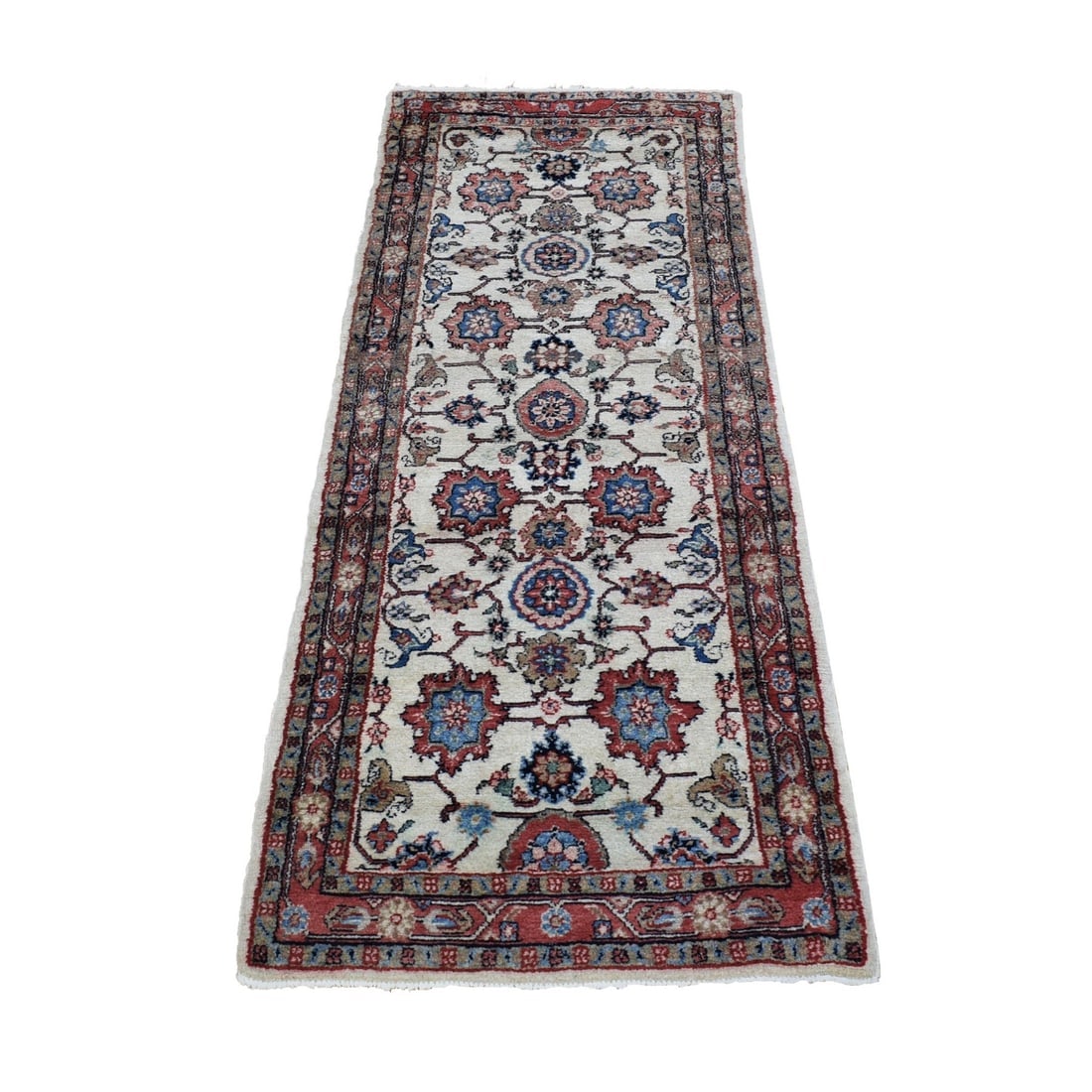 Ivory, Semi Antique Persian Kazvin, Pure Wool Hand Knotted, Runner Rug: Title: Ivory, Semi Antique Persian Kazvin, Pure Wool Hand Knotted, Runner Rug Description: This is a truly genuine one-of-a-kind. It has been Knotted for months and months in the centuries-old weaving