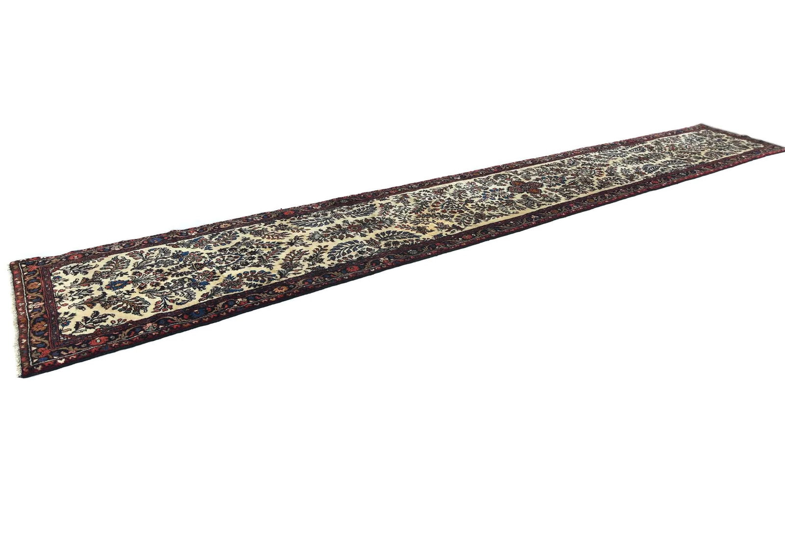 Vintage Cream Floral Tribal 3X17 Hamedan Persian Runner Rug - 3