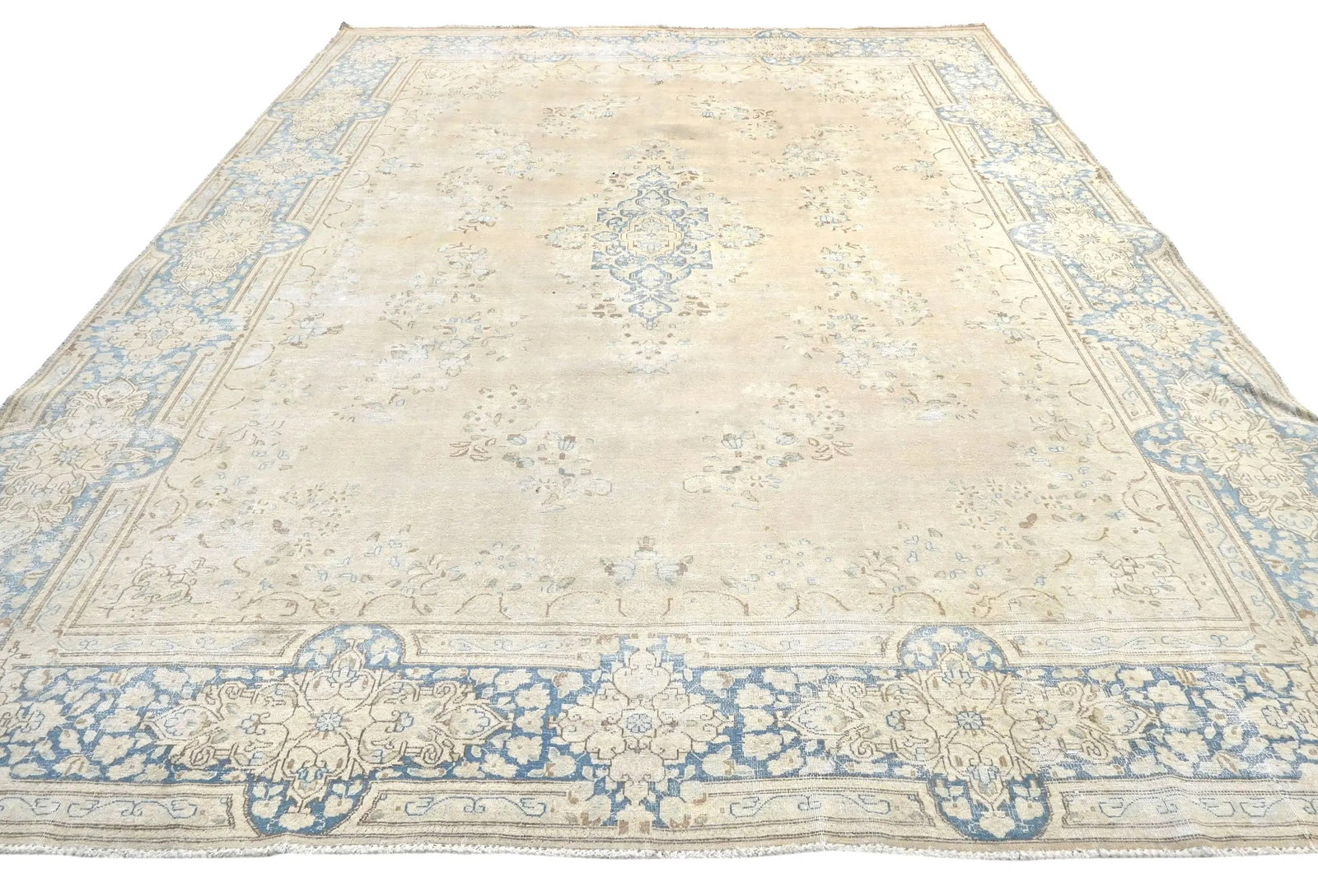 Antique Muted Beige Floral 10X13 Distressed Vintage Oriental Rug - 9