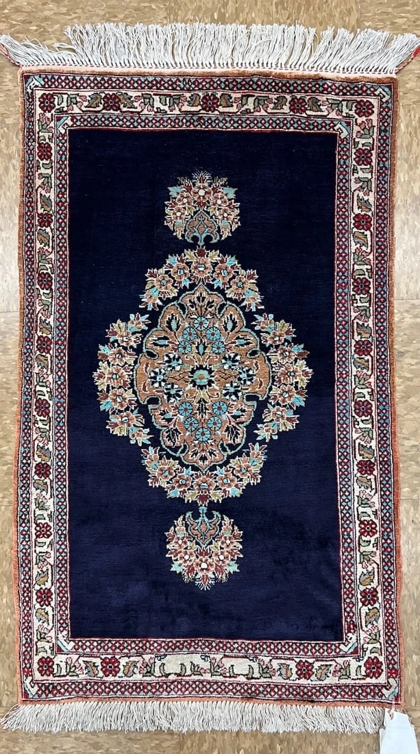 Hand-Knotted Persian Qum Semi-Antique 100% Silk Navy Ivory Rug 1'11" x 3'3" - 2