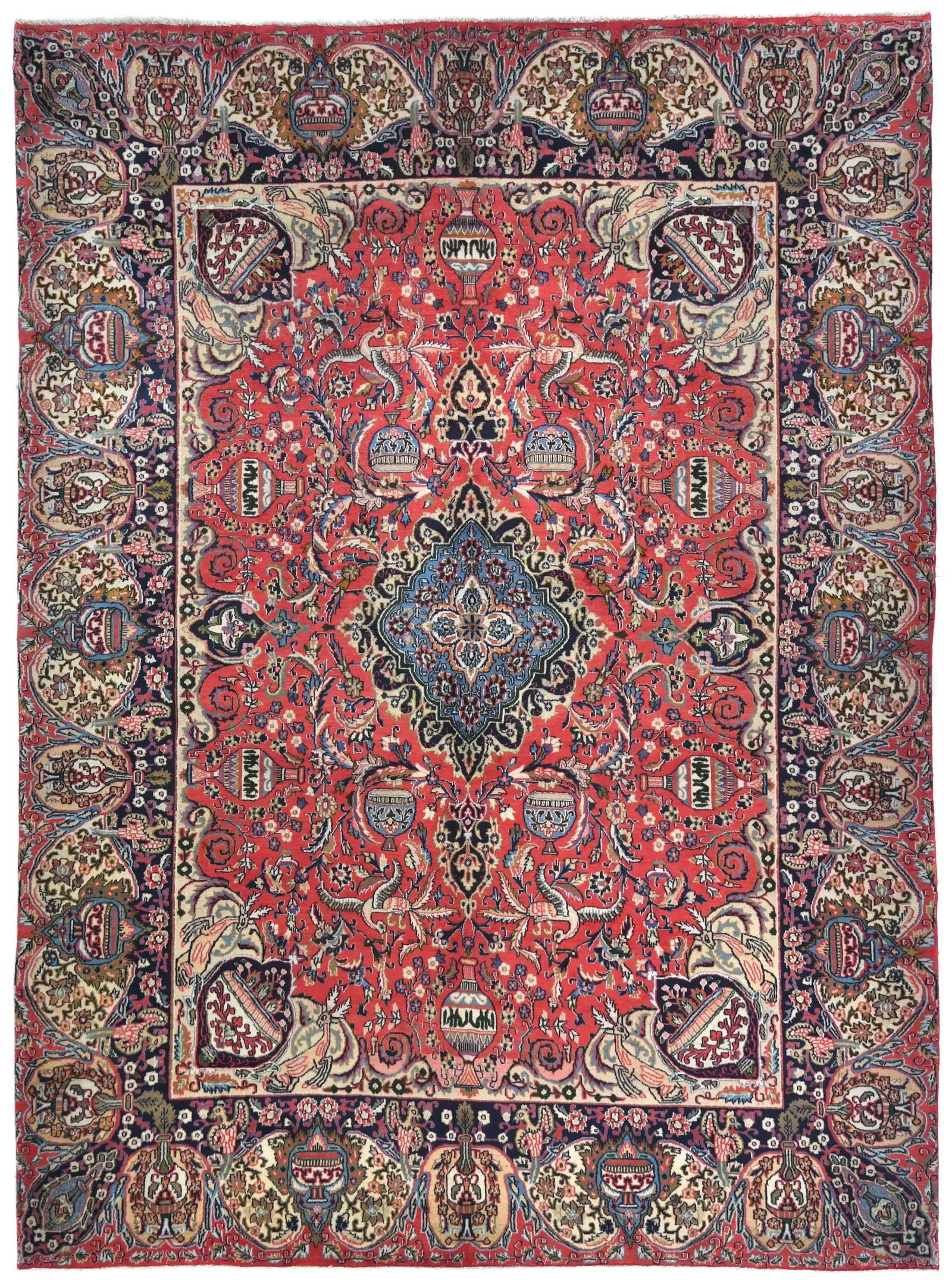 Vintage Bittersweet Red Traditional 10X13 Kashmar Persian Rug: Title: Vintage Bittersweet Red Traditional 10X13 Kashmar Persian RugDescription:Vintage hand-knotted rug made in Persia, designed for living room useTraditional rug with a pictorial pattern for a