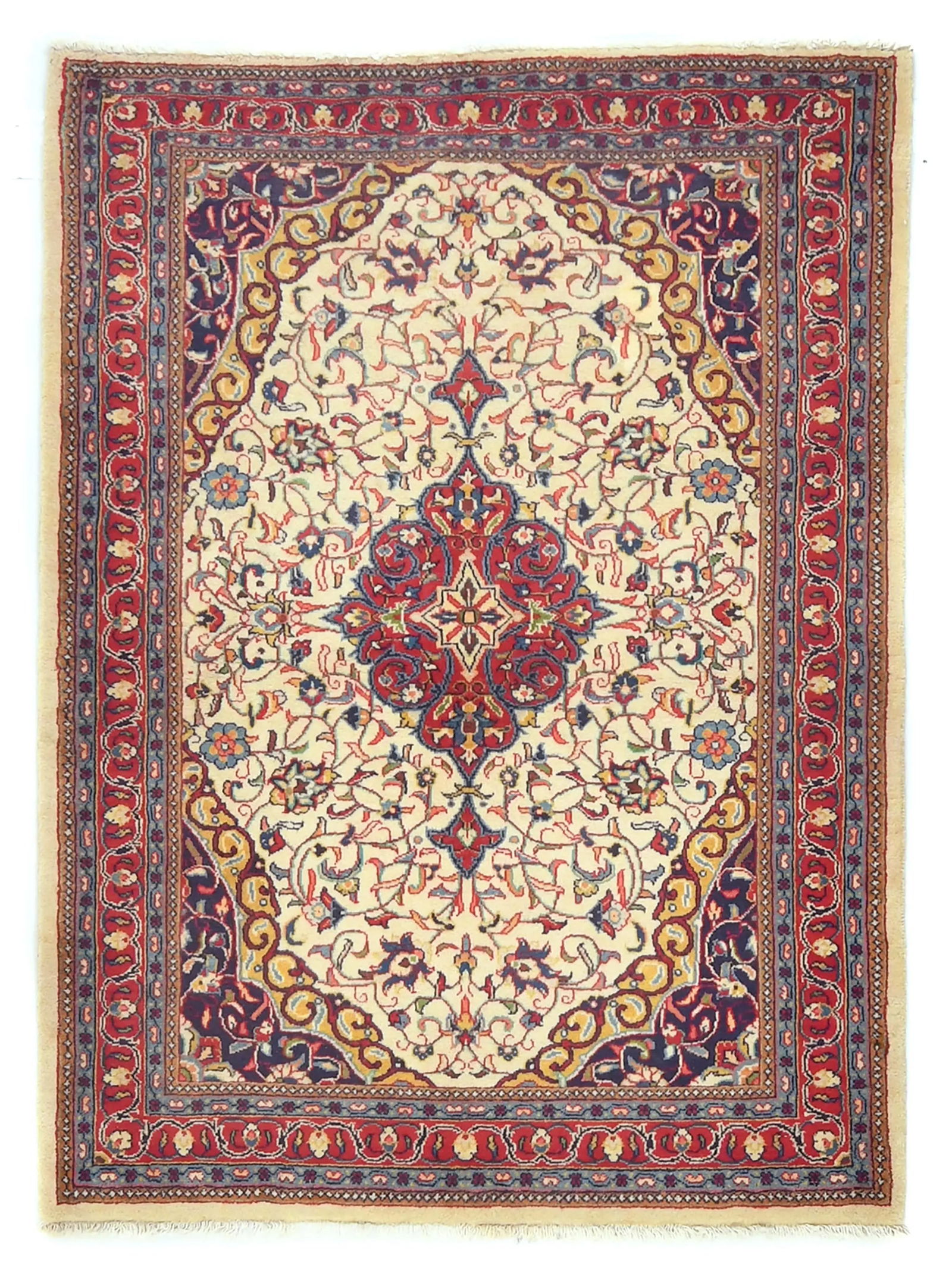 Vintage Cream Floral 3'6X4'7 Sarouk Persian Rug: Title: Vintage Cream Floral 3'6X4'7 Sarouk Persian Rug Description:Handmade vintage 3'6X4'7 cream Persian rug made with vegetable dyes (fine wool pile and cotton foundation), superior knot count, and