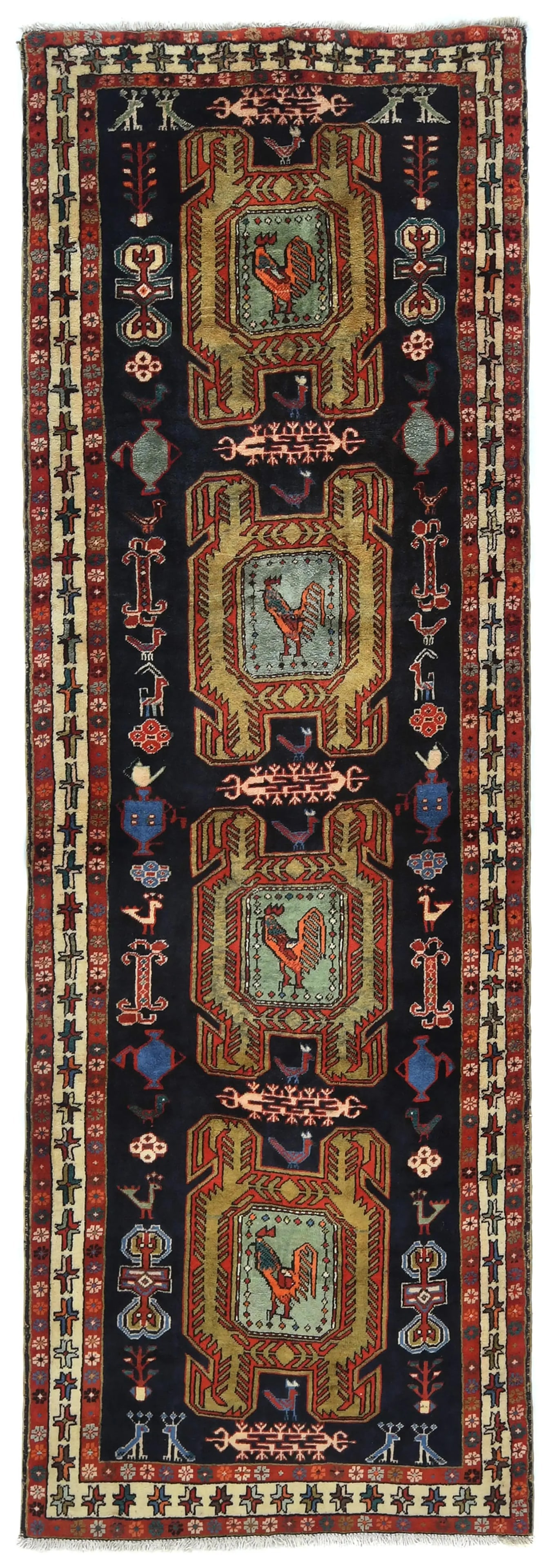 Vintage Plum Pictorial Tribal 4X10'4 Meshkin Persian Runner Rug: Title: Vintage Plum Pictorial Tribal 4X10'4 Meshkin Persian Runner Rug Description:Handmade vintage 4X10'4 plum Persian runner made with vegetable dyes (fine wool pile and cotton foundation), superior