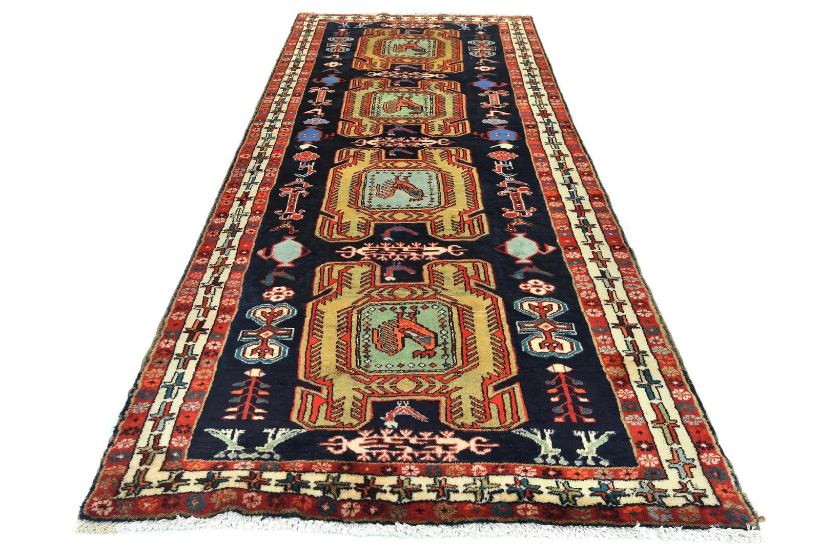 Vintage Plum Pictorial Tribal 4X10'4 Meshkin Persian Runner Rug - 9