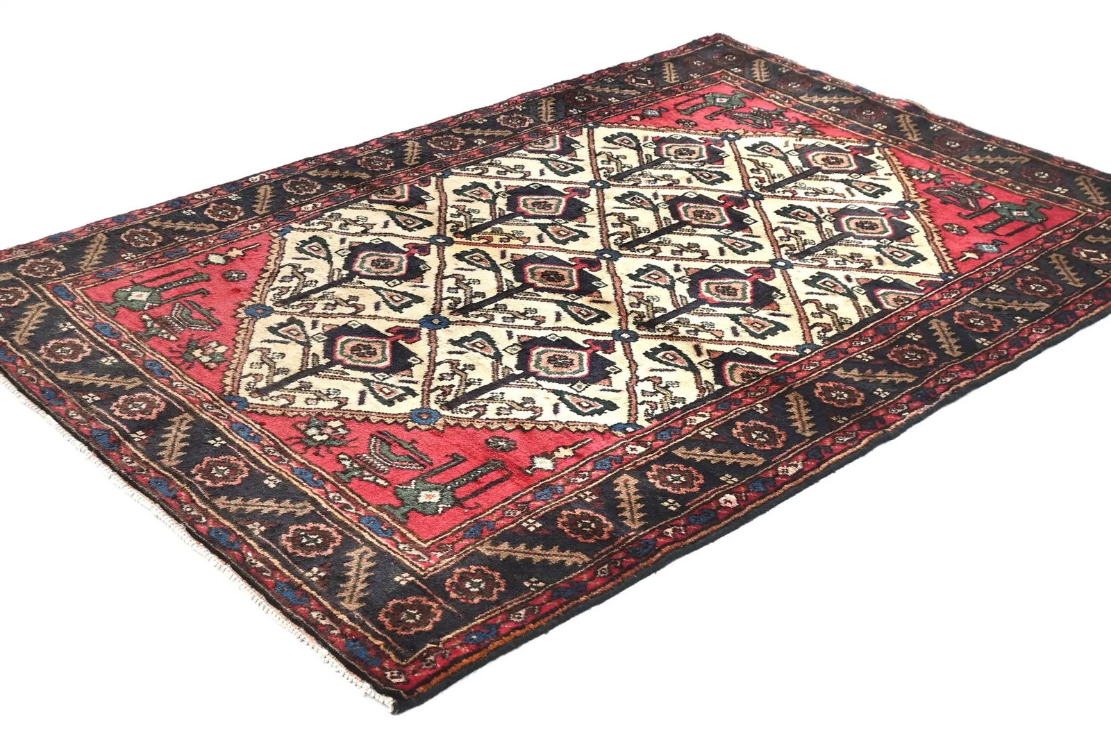 Vintage Cream Floral Tribal 3X5 Hamedan Persian Rug - 3