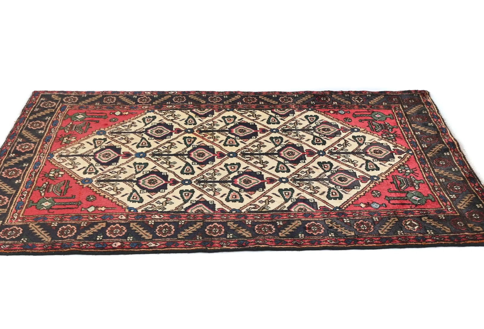 Vintage Cream Floral Tribal 3X5 Hamedan Persian Rug - 4