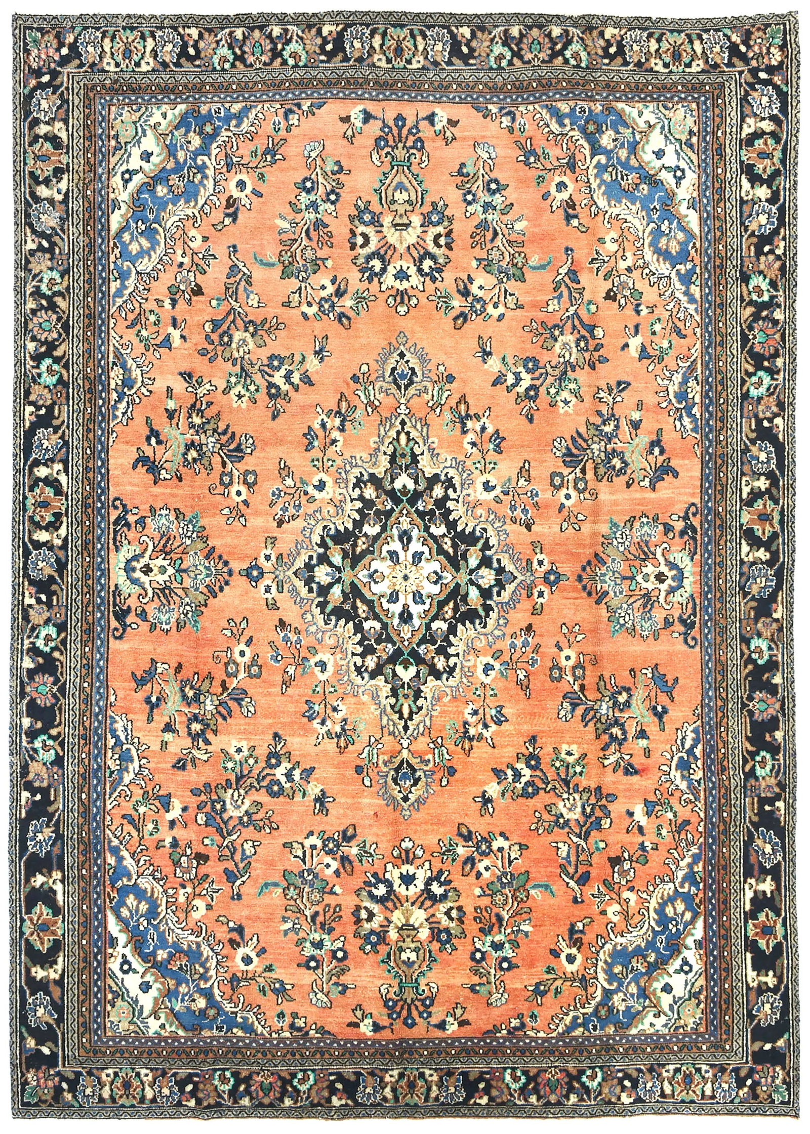 Antique Muted Floral 8X11 Distressed Vintage Oriental Rug: Title: Antique Muted Floral 8X11 Distressed Vintage Oriental Rug Description:Handmade 8X11 Light Salmon Oriental rug made with vegetable dyes (fine wool pile and cotton foundation), superior knot coun