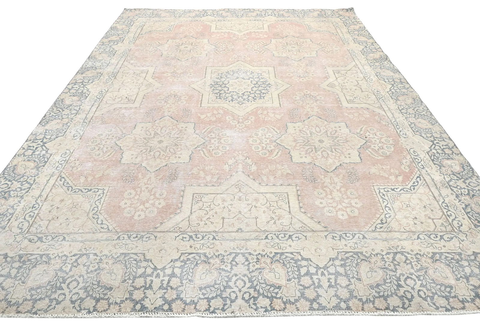 Antique Muted Coral Red Floral 9X12 Distressed Vintage Oriental Rug - 9