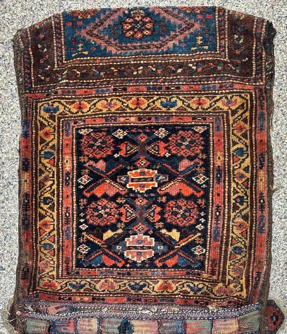 Hand-Knotted Antique Persian Farahan Tribal Double Saddle Bag Wool Rug 1'9" x 4'3" - 12