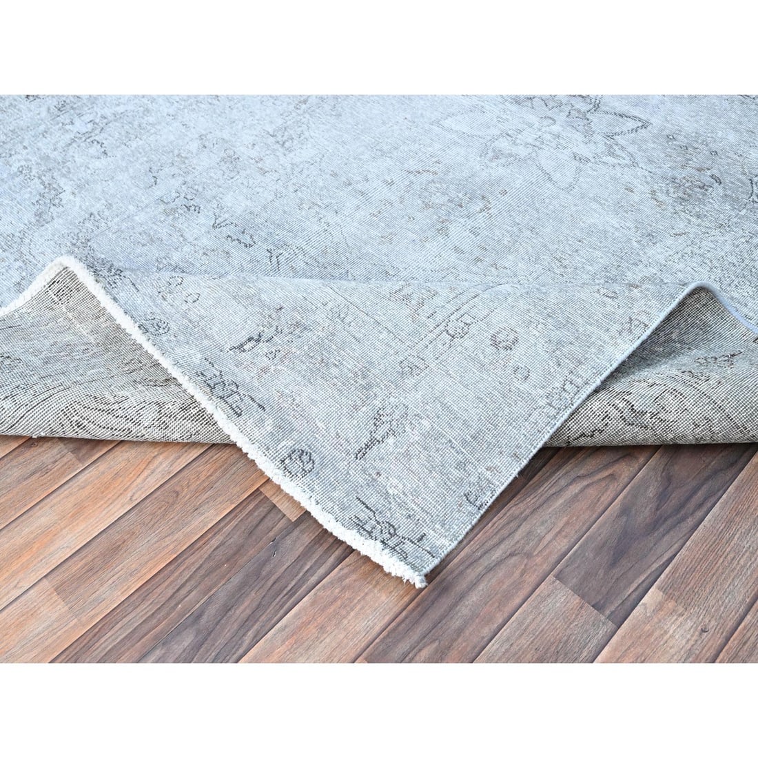 Blue Gray Shiny Wool Hand Knotted Vintage Zoroastrian Tebraz Rug - 6