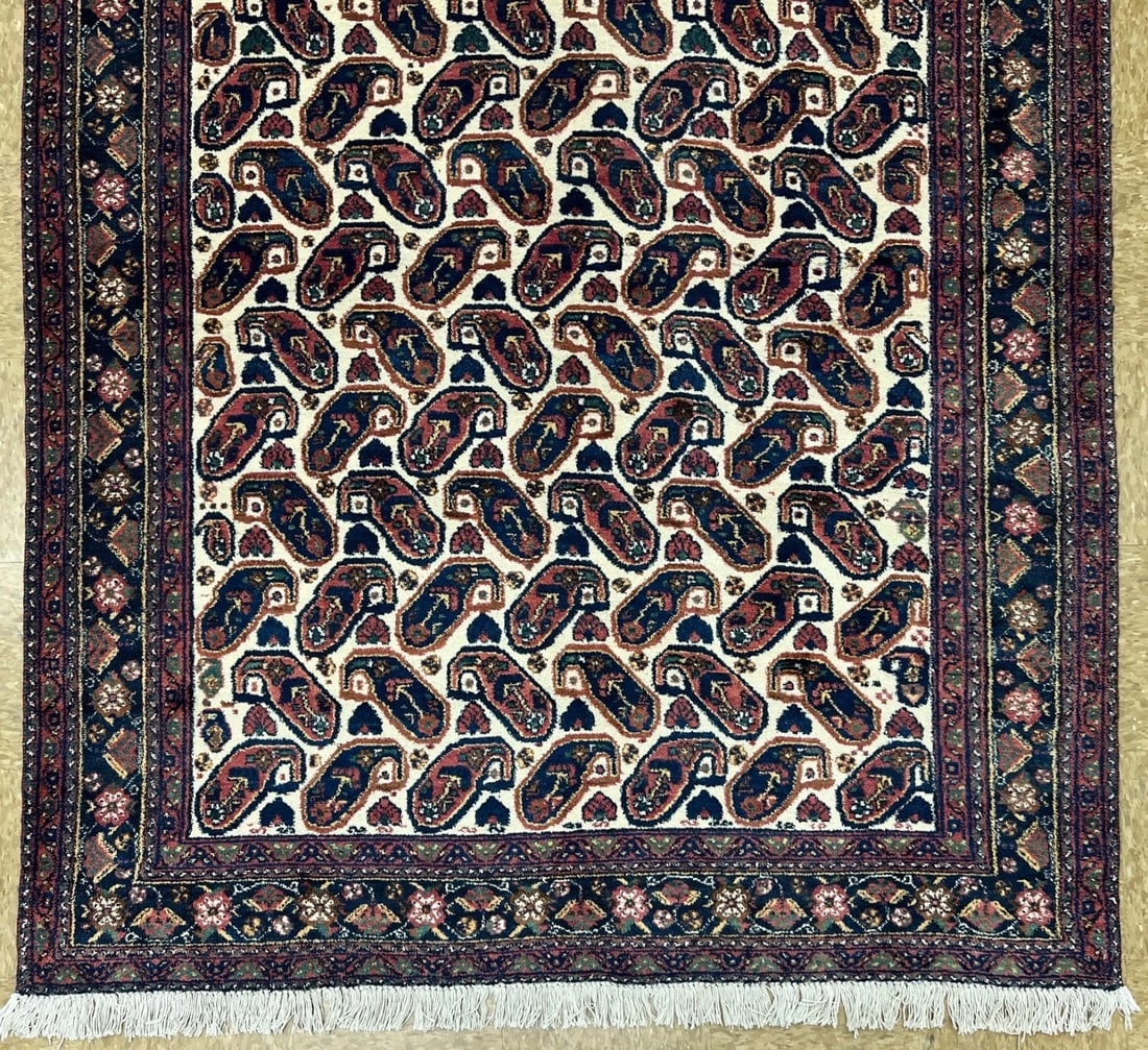 Hand-Knotted Semi-Antique Persian Sirjan Paisley Ivory Wool Oriental Rug 5'5" x 7'2" - 2
