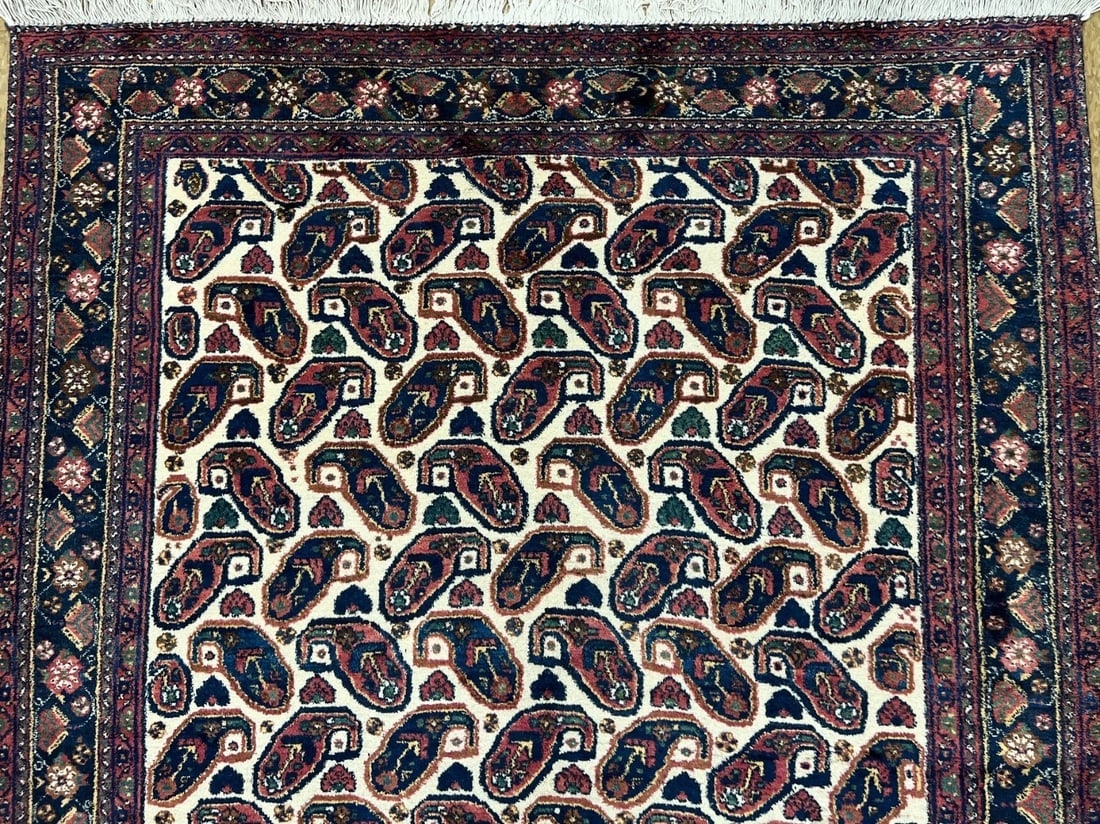 Hand-Knotted Semi-Antique Persian Sirjan Paisley Ivory Wool Oriental Rug 5'5" x 7'2" - 4