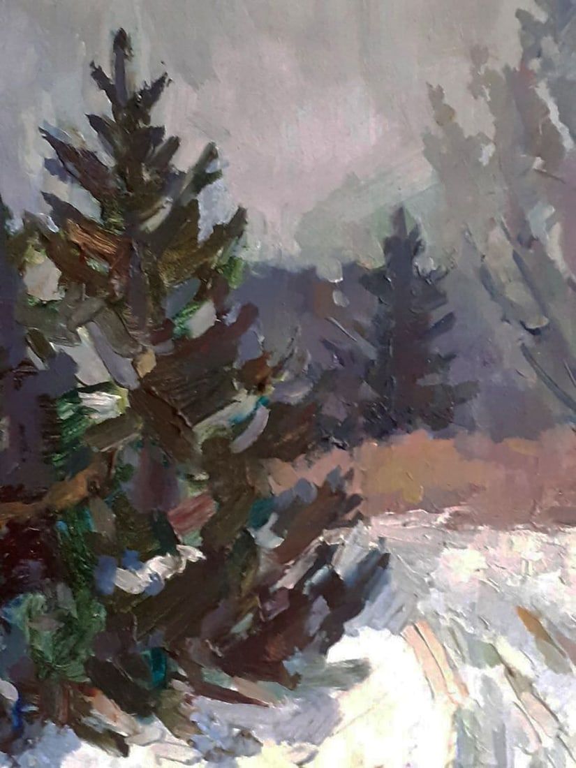 Oil painting Christmas trees covered with snow Peter Dobrev - 7