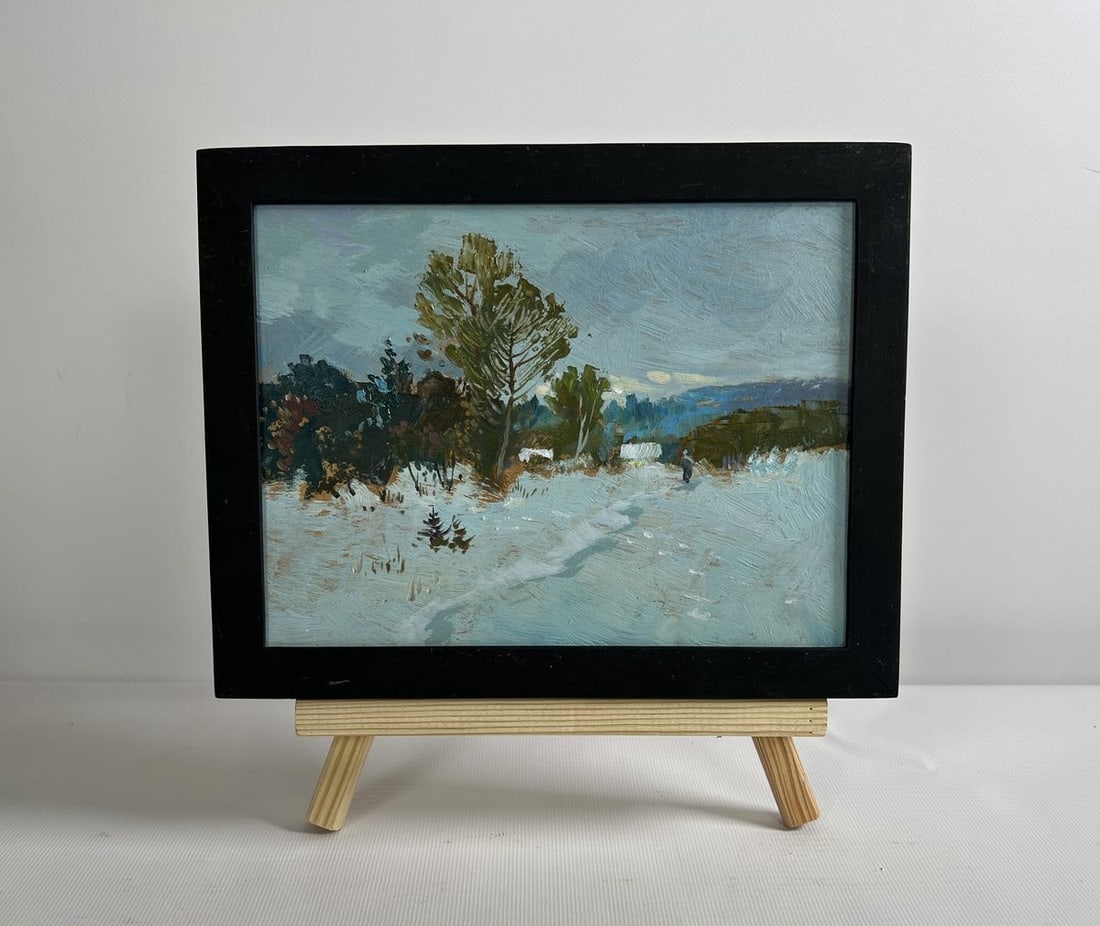 Oil painting Winter twilight Yuriy Suprunchuk: Title: Oil painting Winter twilight Yuriy Suprunchuk Description: NoAAA4279 The painting "Winter Twilight" captures the quiet beauty of a cold, fading evening in the countryside, where the land is bla