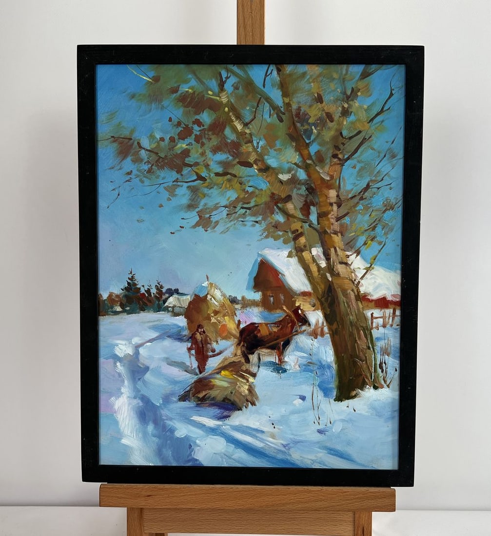 Oil painting Loading hay in winter Yuriy Suprunchuk (1 of 10)