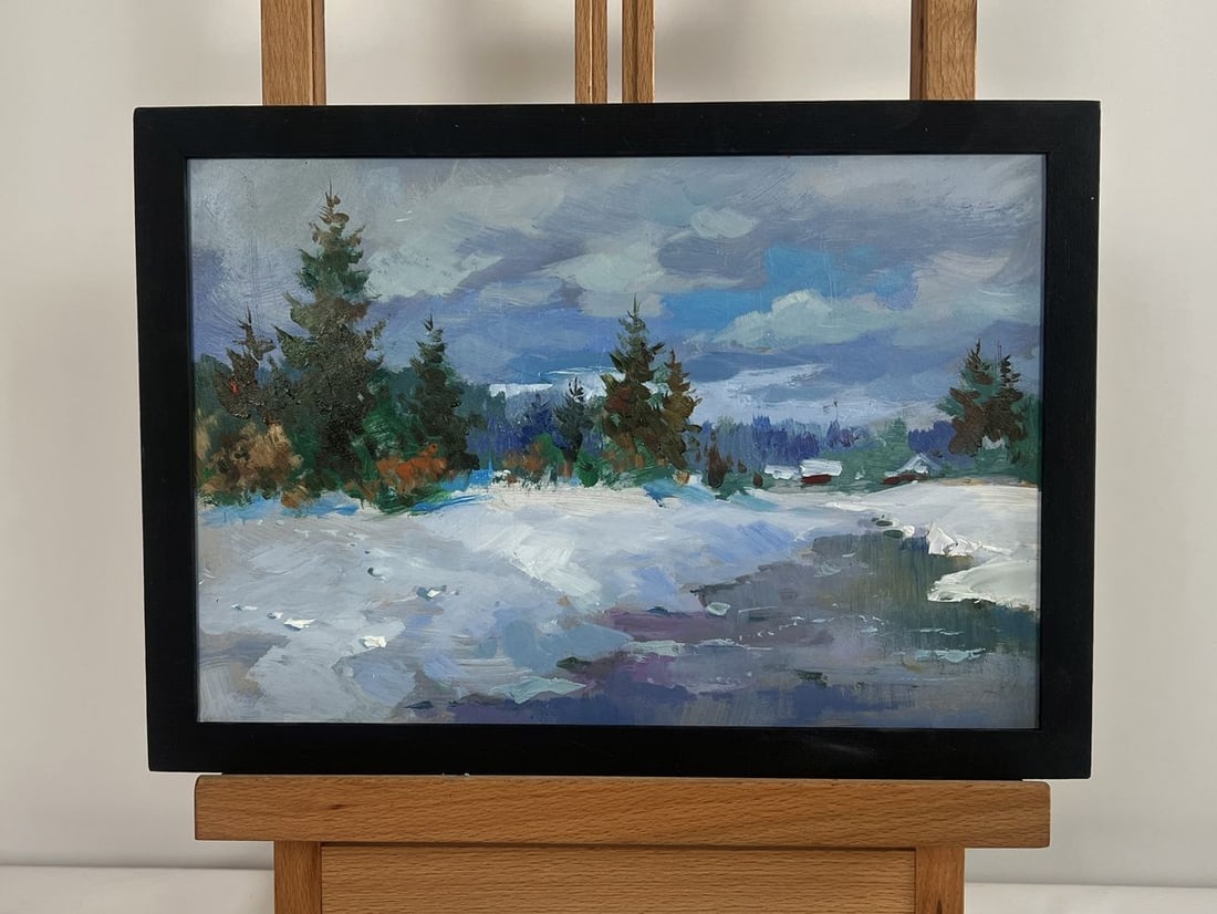 Oil painting River under a blanket of snow Yuriy Suprunchuk: Title: Oil painting River under a blanket of snow Yuriy Suprunchuk Description: NoAAA4453 The painting "River Under a Blanket of Snow" portrays a serene and tranquil winter landscape where nature is