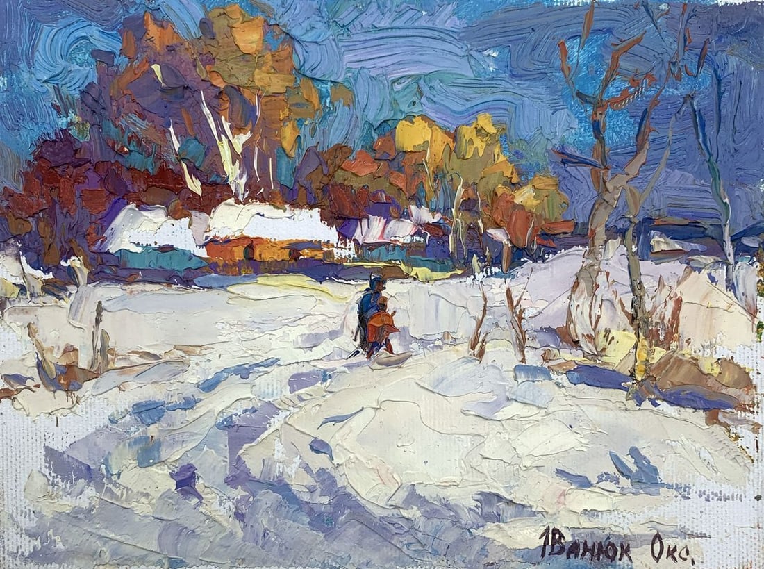Oil painting Winter sun Kalenyuk Oksana: Title: Oil painting Winter sun Kalenyuk Oksana Description: NoAAA3108 The oil painting "Winter Sun" is an evocative portrayal of a crisp winter day, characterized by the play of light and shadow