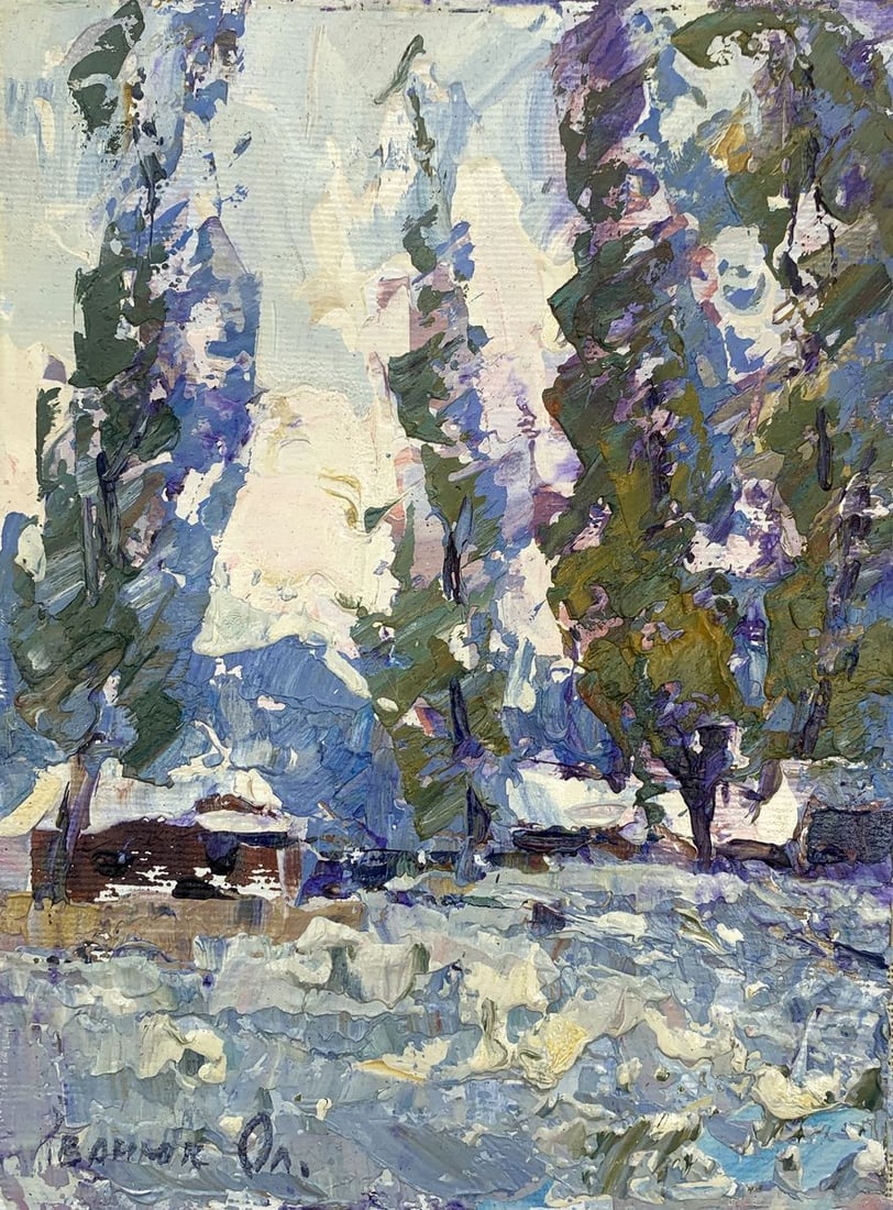 Oil painting Cold Kalenyuk Alex: Title: Oil painting Cold Kalenyuk Alex Description: NoAAA3110 The oil painting titled "Cold" is a textured landscape that conveys the brisk chill of a winter scene. It is executed with a palette knife