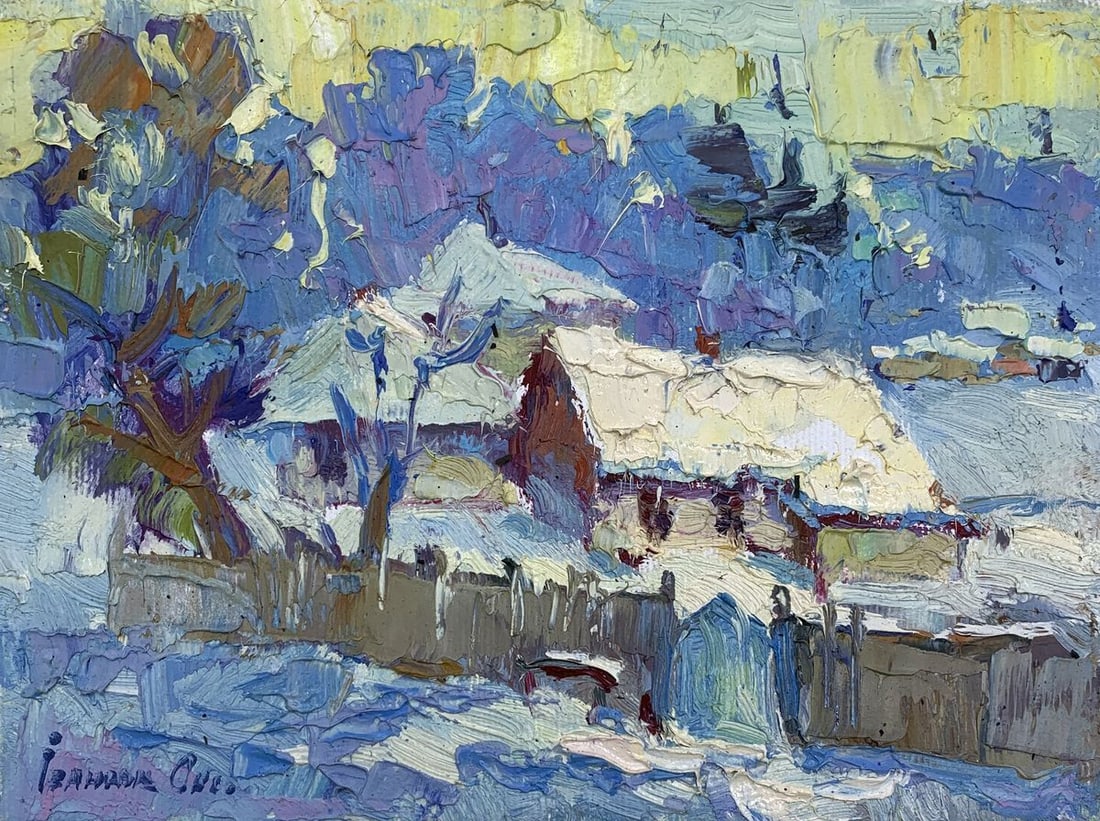 Oil painting Winter Kalenyuk Oksana: Title: Oil painting Winter Kalenyuk Oksana Description: NoAAA3112 The oil painting "Winter" captures the essence of a chilly, snowy landscape through a vibrant, tactile application of paint. The