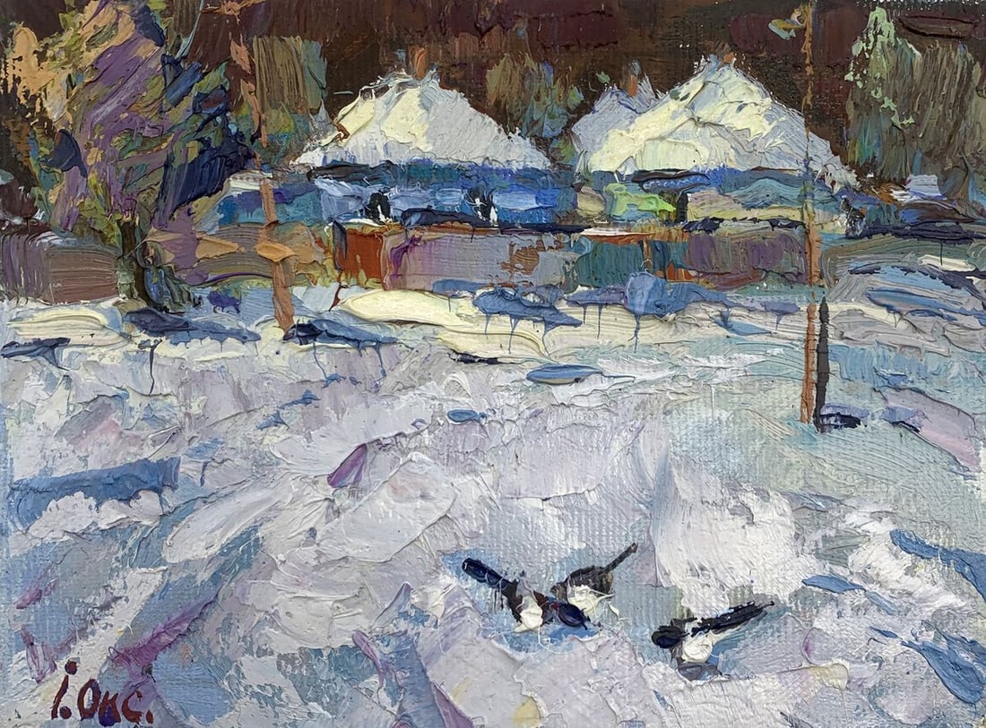 Oil painting In the evening Kalenyuk Oksana: Title: Oil painting In the evening Kalenyuk Oksana Description: NoAAA3121 The oil painting titled "In the Evening" is a vivid and dynamic representation of a winter scene, brought to life through