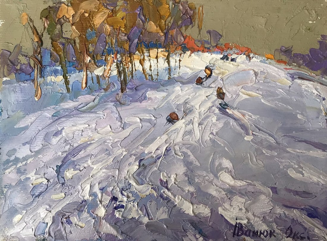 Oil painting On snowy hills Oksana Kalenyuk: Title: Oil painting On snowy hills Oksana Kalenyuk Description: NoAAA3219 The oil painting titled "On Snowy Hills" is a textural landscape that encapsulates the essence of a wintry day spent traversin