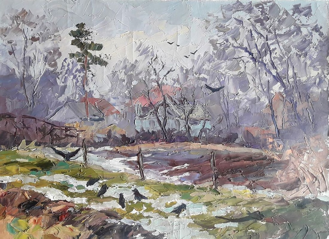 Oil painting End of Winter Serdyuk Boris Petrovich: Title: Oil painting End of Winter Serdyuk Boris Petrovich Description: NoSERB 868 This oil painting captures the essence of the transition from winter to spring. The scene is set amidst a grove of tre