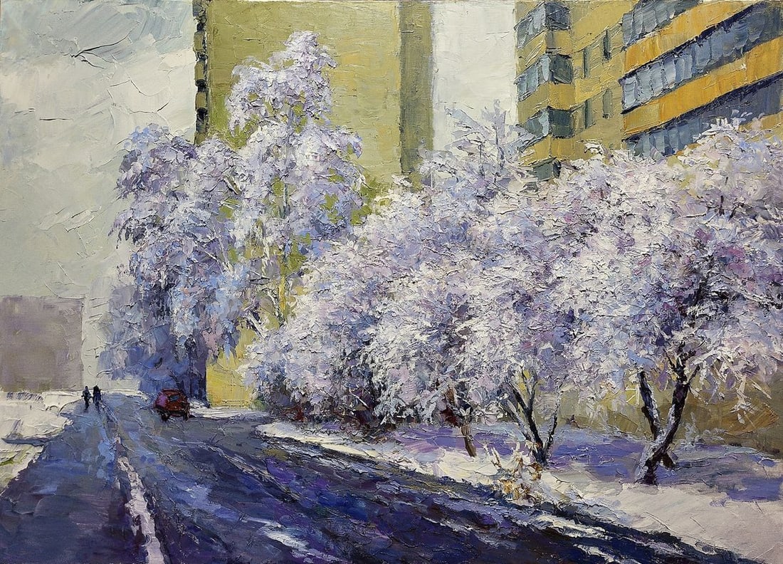 Oil painting Winter street Boris Serdyuk: Title: Oil painting Winter street Boris Serdyuk Description: NoSERB 1035 The painting depicts a winter city scene. The sky is made in cool shades of white and blue, which creates the feeling of a