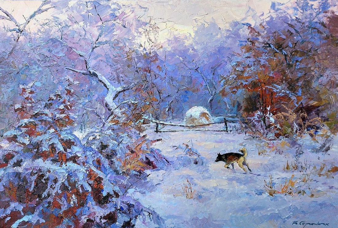 Oil painting It snowed Boris Serdyuk: Title: Oil painting It snowed Boris Serdyuk Description: NoSERB 1036 The painting depicts a snowy winter landscape. The sky in the painting is made in cool shades of light purple and blue, turning int