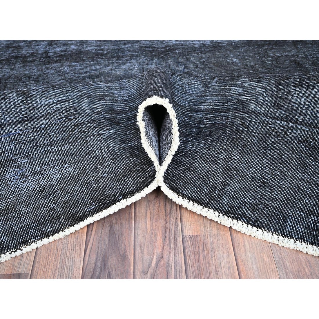 Vulcan Black Hand Knotted Tebraz Evenly Worn Shiny Wool Oriental Rug - 5