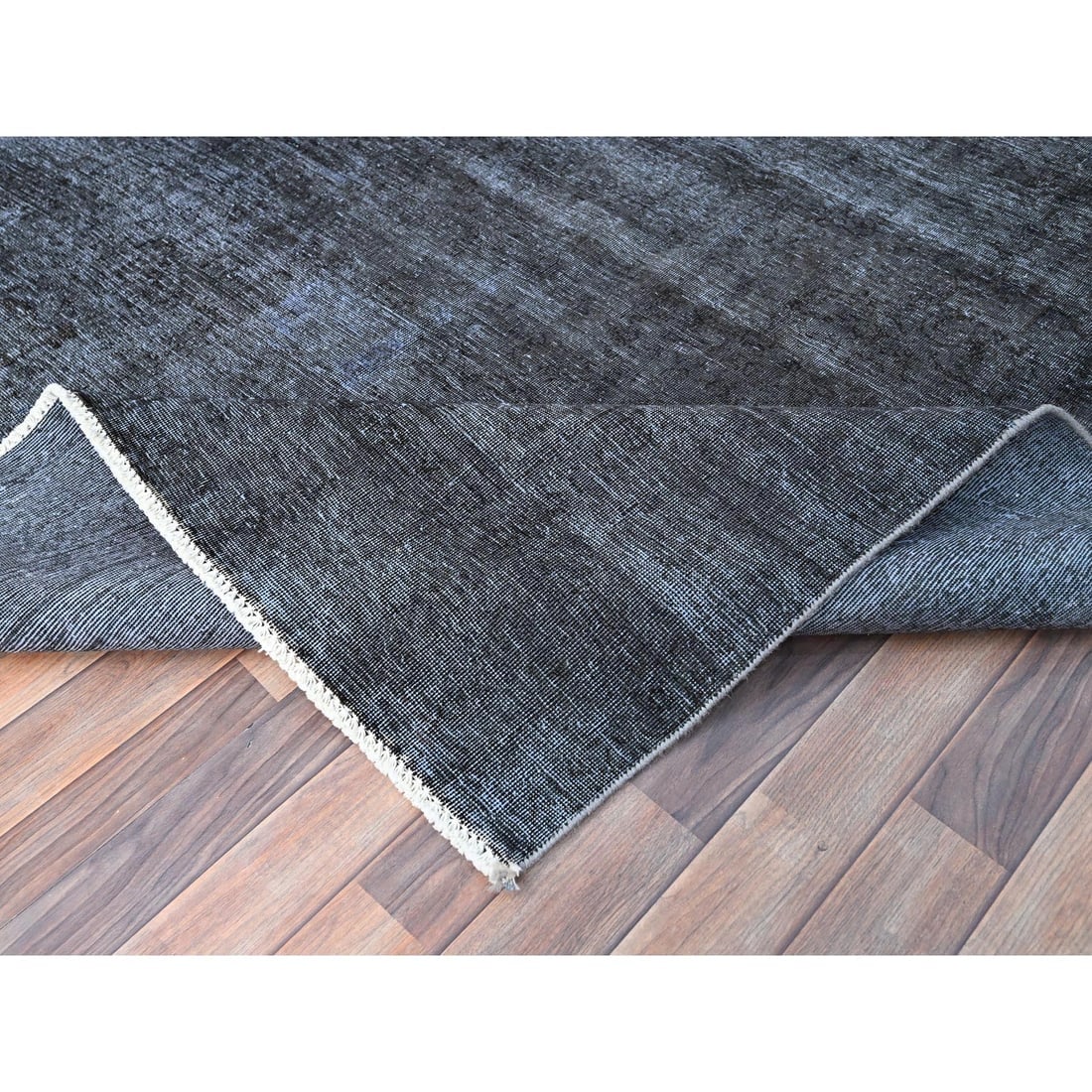 Vulcan Black Hand Knotted Tebraz Evenly Worn Shiny Wool Oriental Rug - 6