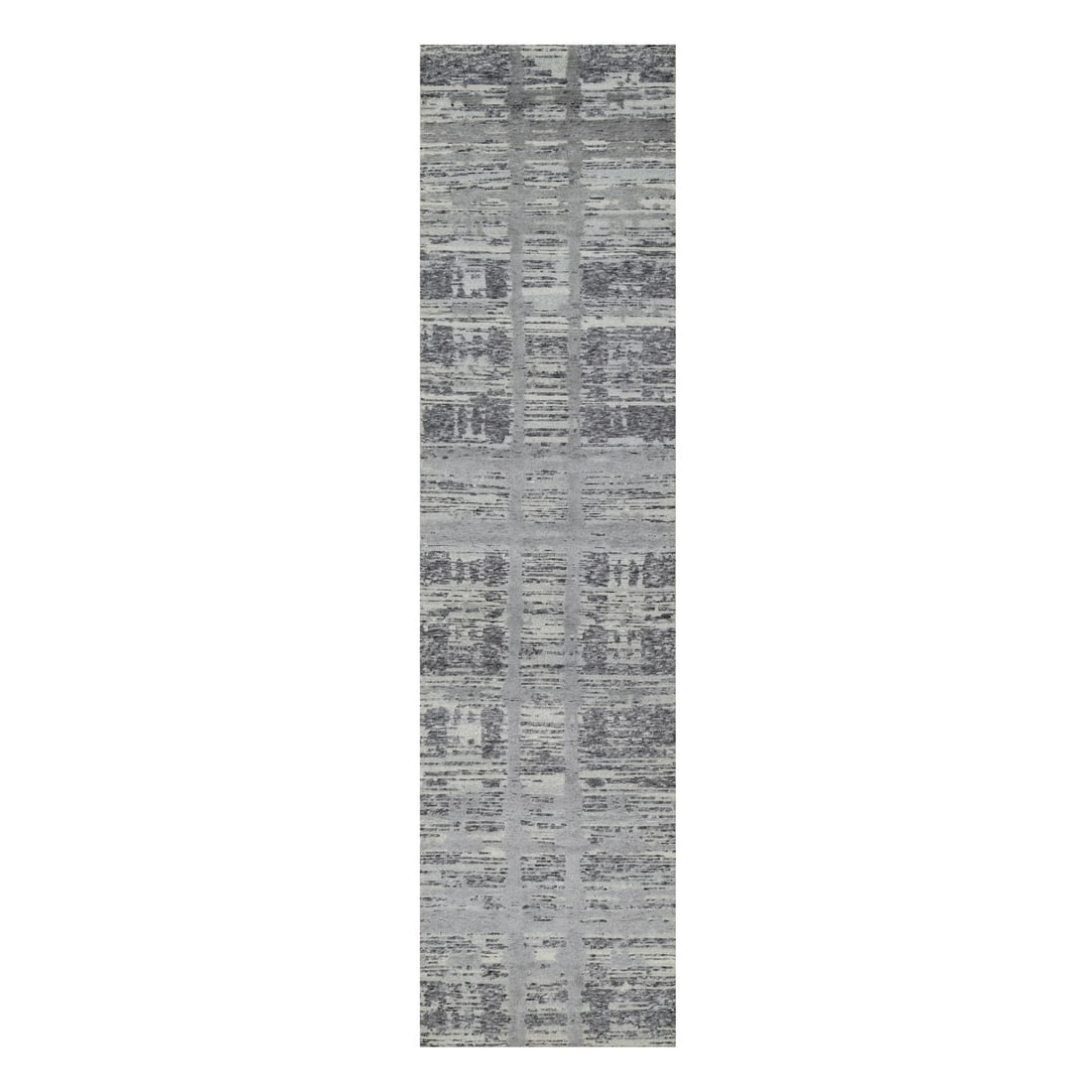 Ash Gray, Undyed Natural Wool, Modern Design, Hand Knotted, Runner Rug: Title: Ash Gray, Undyed Natural Wool, Modern Design, Hand Knotted, Runner RugDescription: This is a truly genuine one-of-a-kind. It has been Knotted for months and months in the centuries-old weaving
