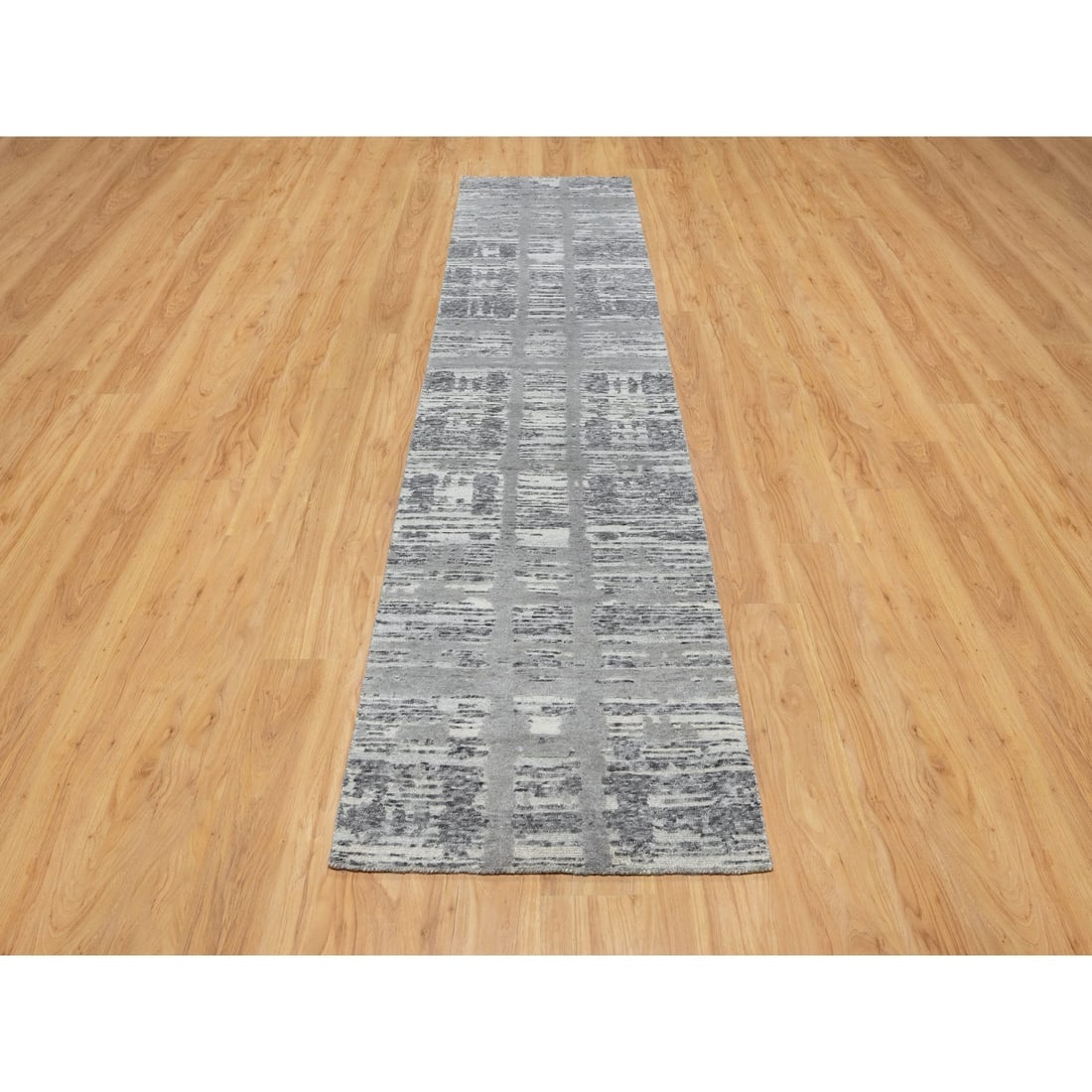 Ash Gray, Undyed Natural Wool, Modern Design, Hand Knotted, Runner Rug - 2