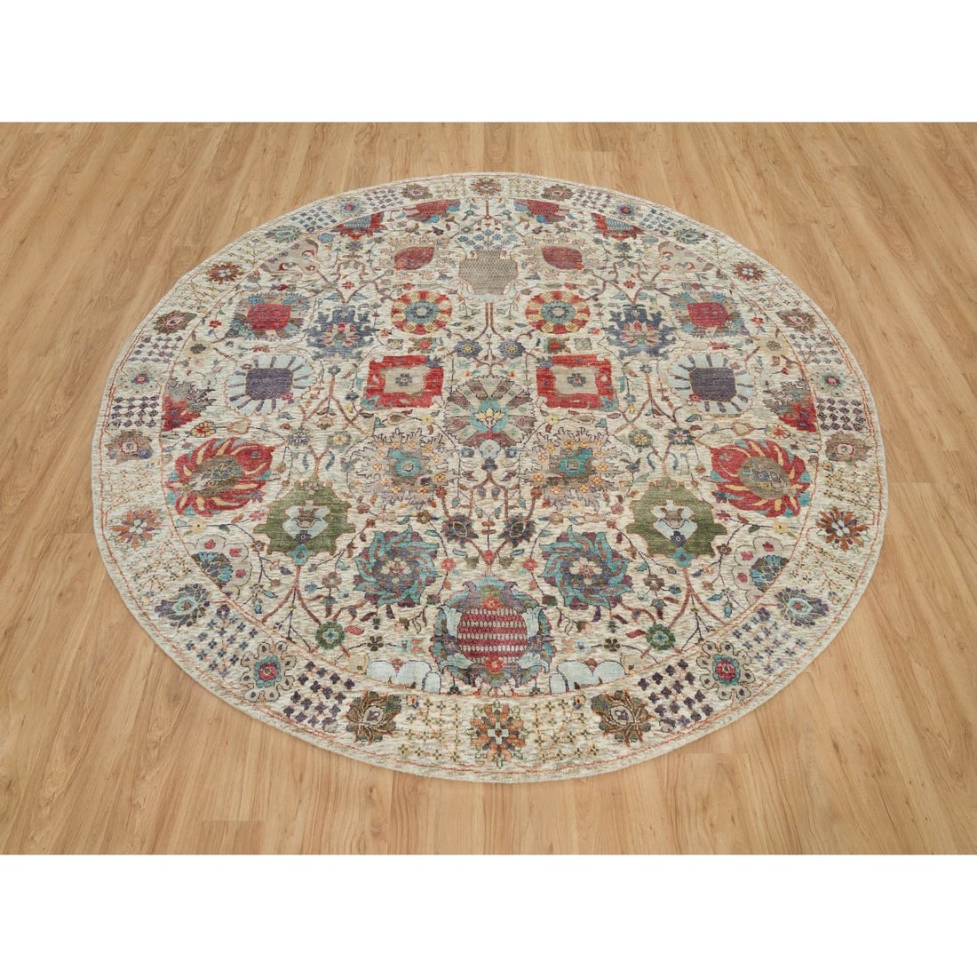 Old Lace White Hand Knotted Silk and Wool Tebraz Vase Round Rug - 2