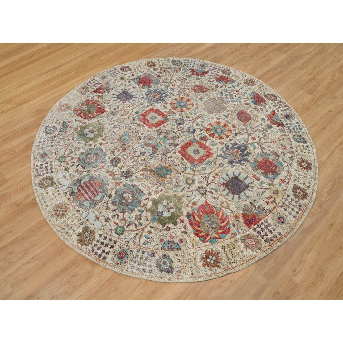 Old Lace White Hand Knotted Silk and Wool Tebraz Vase Round Rug - 3