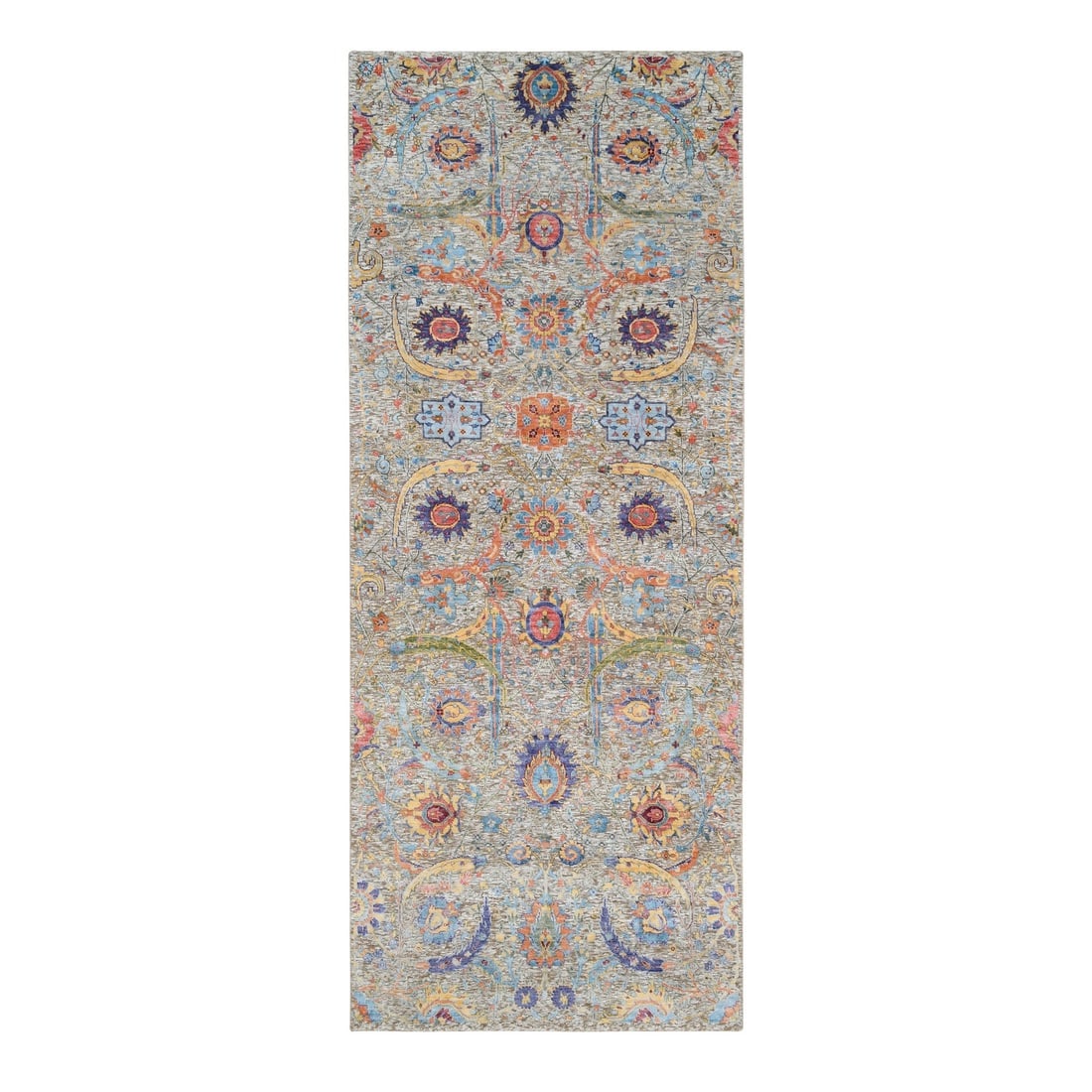 Silk With Wool Hand Knotted Tan Sickle Leaf Design Wide Runner Rug: Title: Silk With Wool Hand Knotted Tan Sickle Leaf Design Wide Runner Rug Description: This is a truly genuine one-of-a-kind. It has been Knotted for months and months in the centuries-old weaving cra