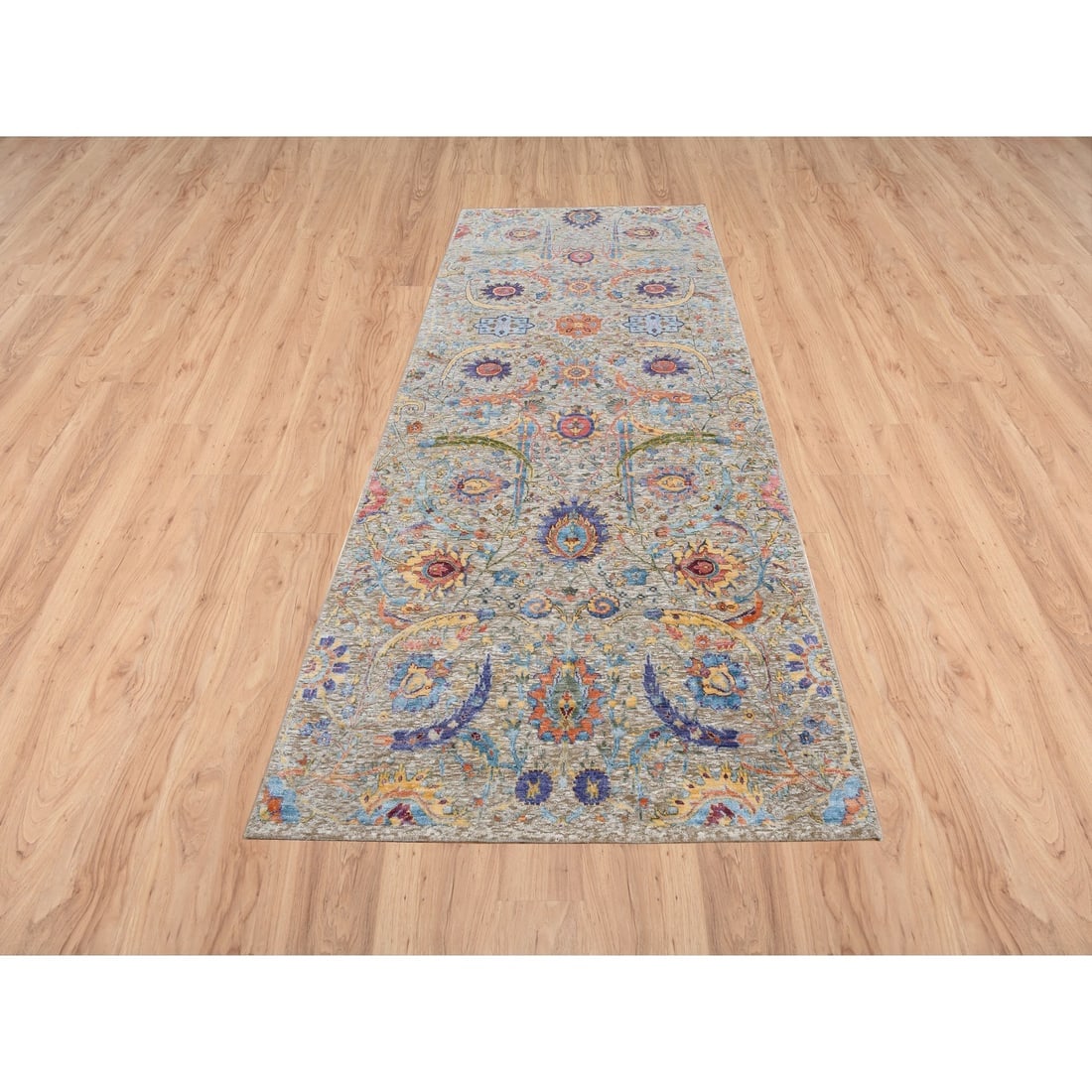 Silk With Wool Hand Knotted Tan Sickle Leaf Design Wide Runner Rug - 2