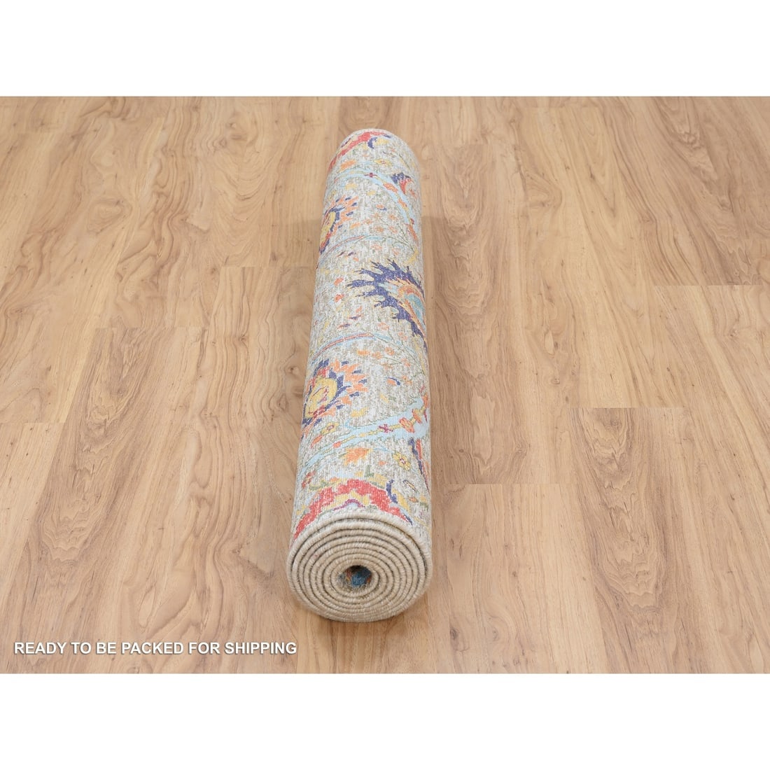 Silk With Wool Hand Knotted Tan Sickle Leaf Design Wide Runner Rug - 6