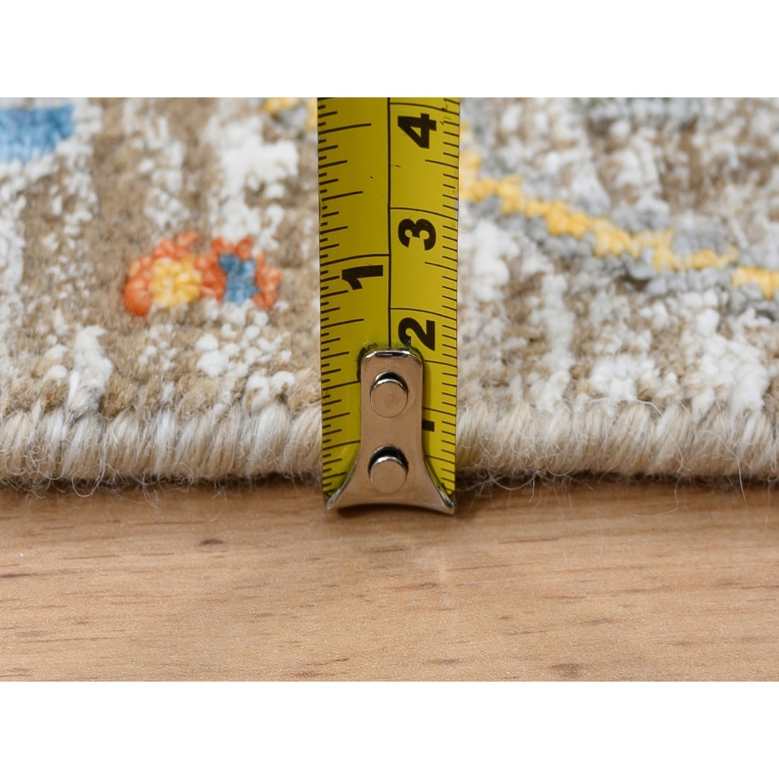 Silk With Wool Hand Knotted Tan Sickle Leaf Design Wide Runner Rug - 7