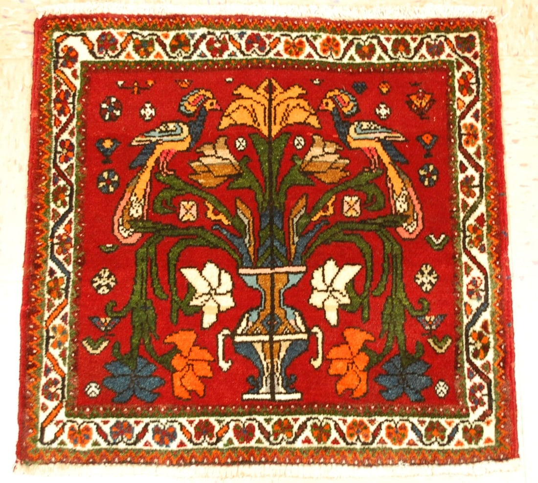 Persian SHIRAZ RUG 2'2" x 2'2": Title: Persian SHIRAZ RUG 2'2" x 2'2" Description:OLD, ANTIQUE SO MUCH DETAILS AUTHENTIC HAND KNOTTED Persian SHIRAZ qashkai RUG with exact size of 2'2" x 2'2" natural dyed wool woven on wool foundati