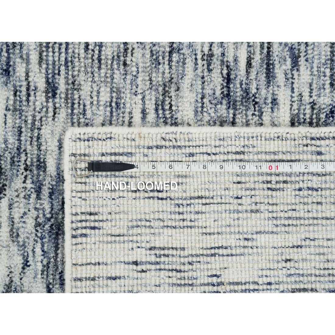 Blue and Ivory, Modern Striae Design, Pure Wool Hand Knotted Rug - 11