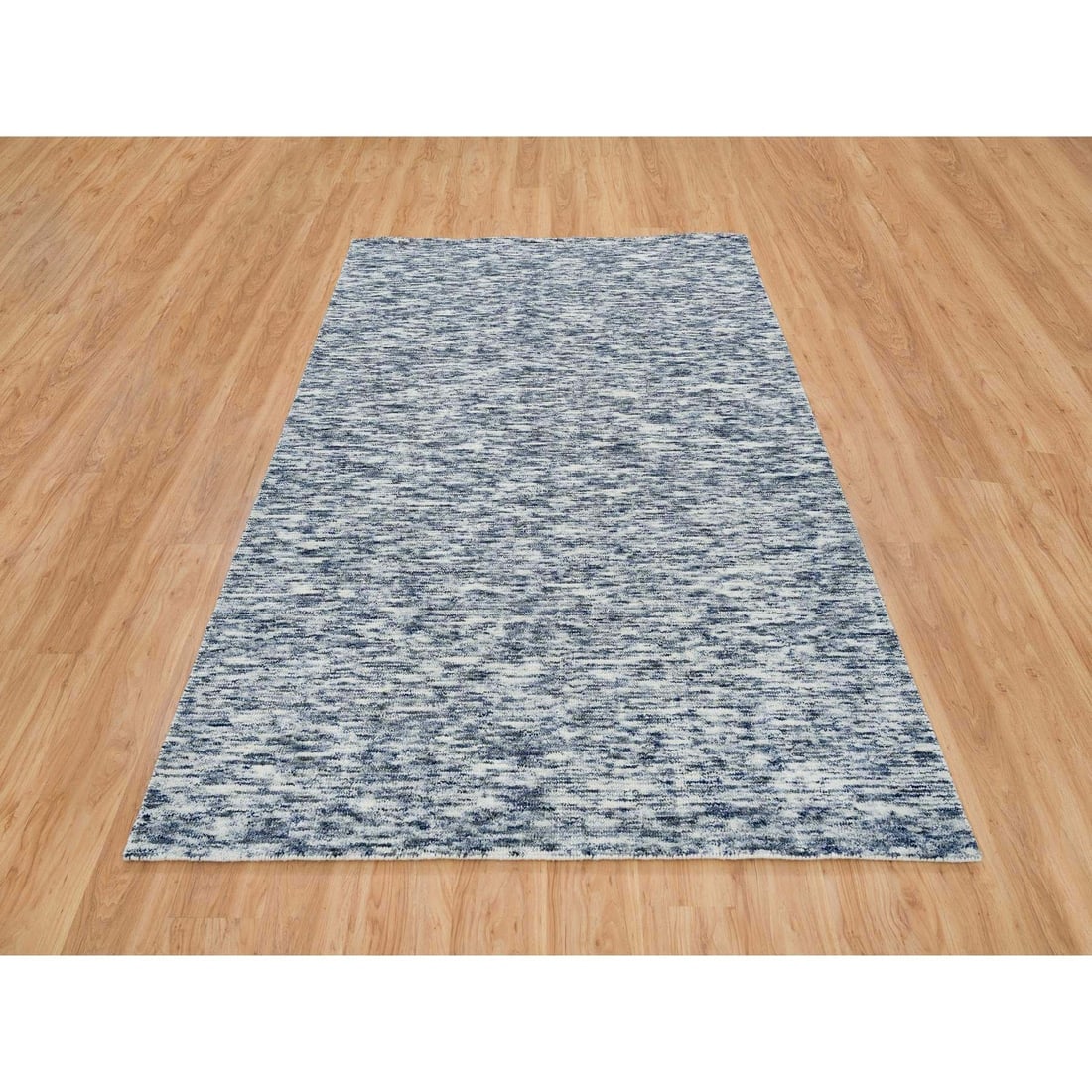 Blue and Ivory, Modern Striae Design, Pure Wool Hand Knotted Rug - 2