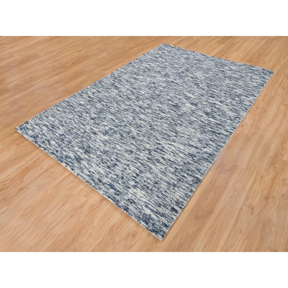 Blue and Ivory, Modern Striae Design, Pure Wool Hand Knotted Rug - 3