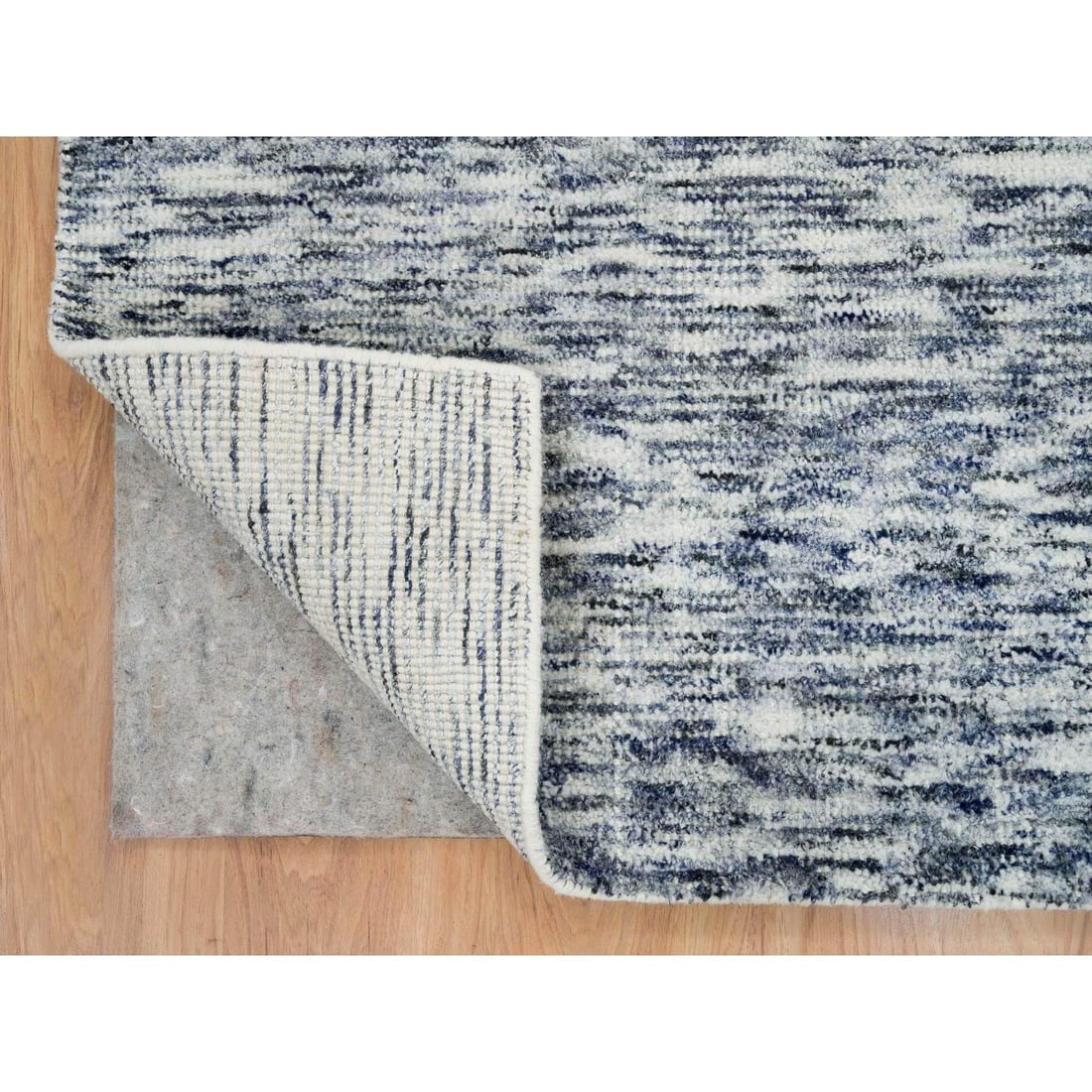 Blue and Ivory, Modern Striae Design, Pure Wool Hand Knotted Rug - 4
