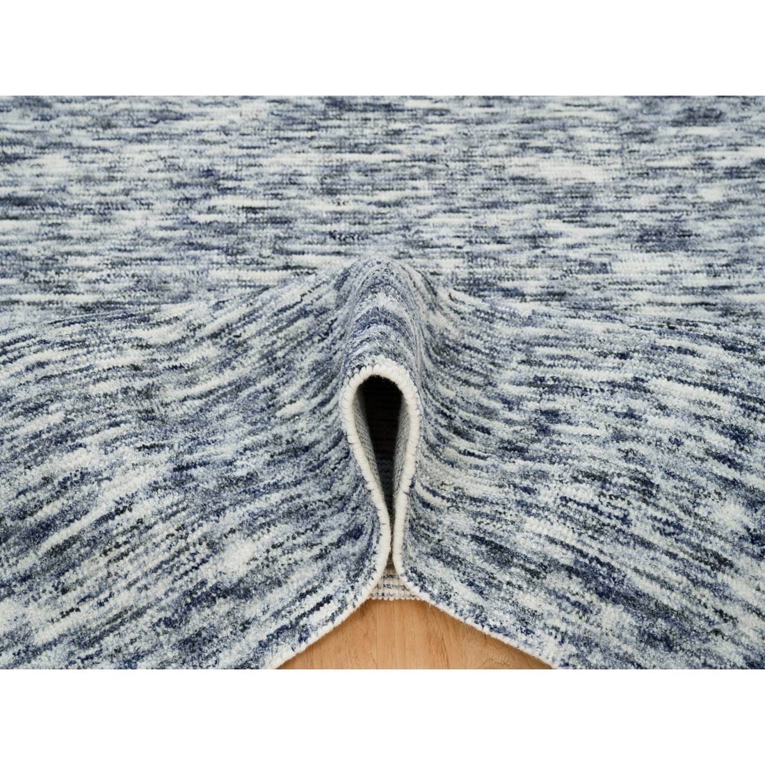 Blue and Ivory, Modern Striae Design, Pure Wool Hand Knotted Rug - 5