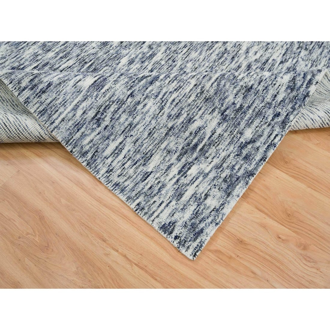 Blue and Ivory, Modern Striae Design, Pure Wool Hand Knotted Rug - 6