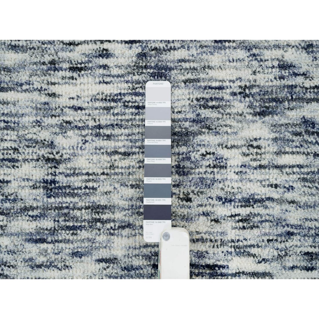 Blue and Ivory, Modern Striae Design, Pure Wool Hand Knotted Rug - 7
