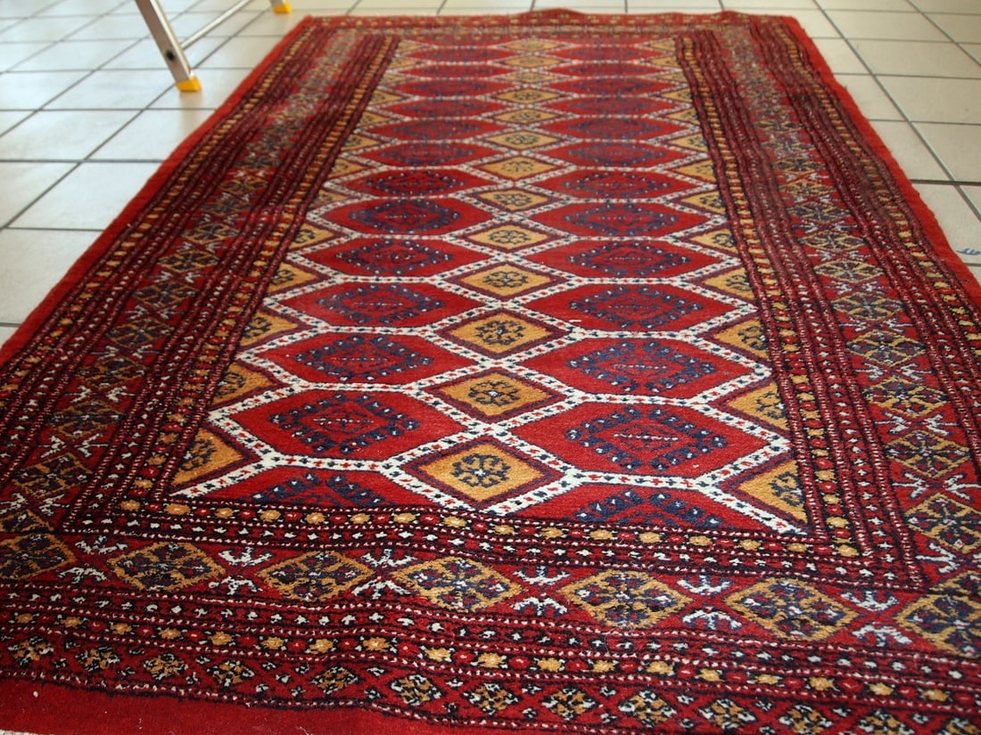 Handmade vintage Uzbek Bukhara rug 3.3' x 4.9' (100cm x 152cm) 1960s - 9